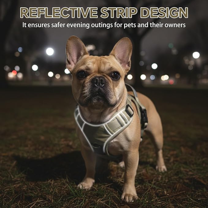 Heavy Duty Tactical Dog Harness for Small Dogs, No Pull Dog Harness with Handle & Front Clip, Reflective Soft Padded, Hook and Loop Panel, Dog Vest for Walking, Service Training, Khaki