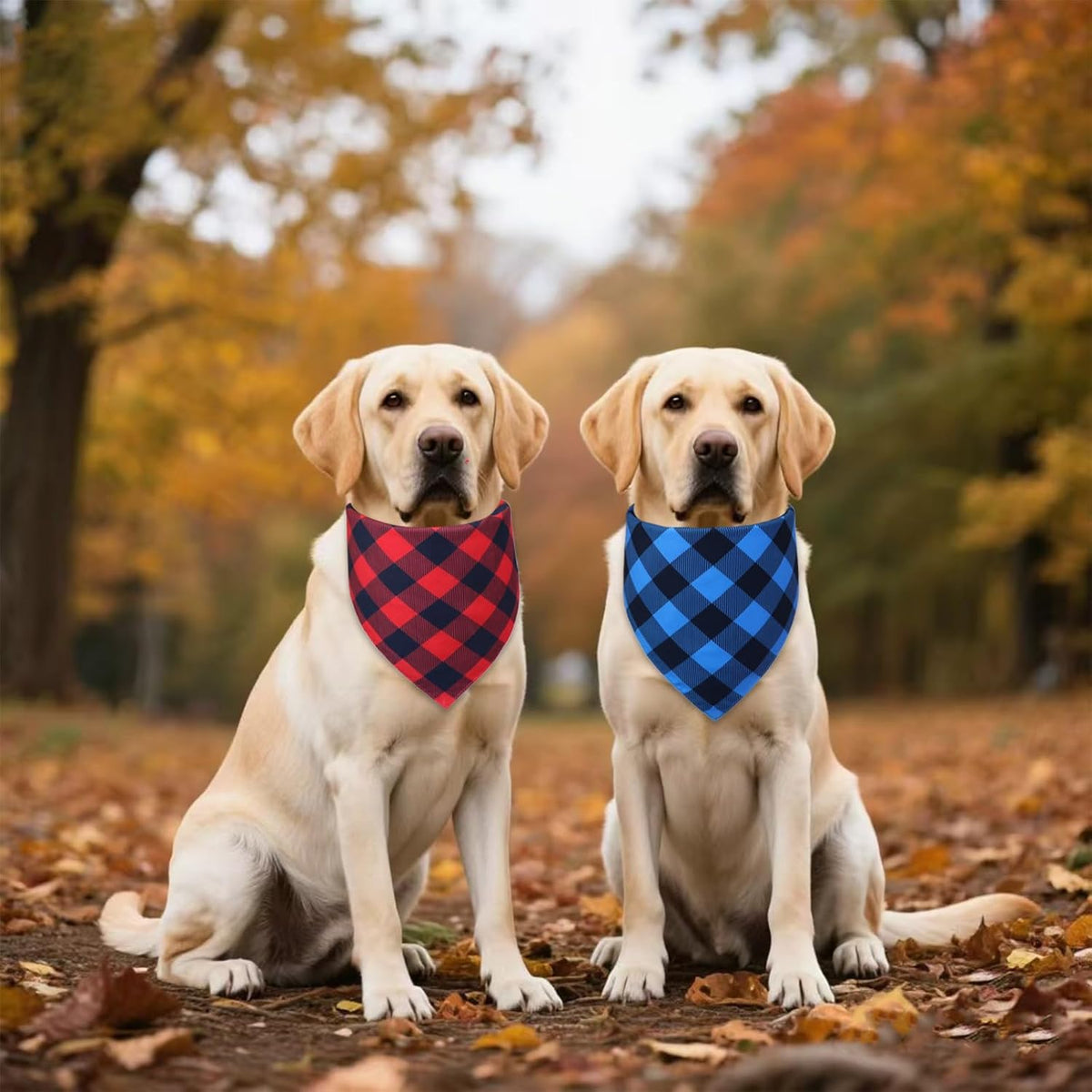 Plaid Dog Bandanas 2-Pack for Small Dogs, Red-Black & Blue-Black Buffalo Check Set - Adjustable Reversible Scarves for Boys & Girls