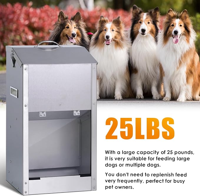 Automatic Dog Feeder Large Breed Outdoor, Stainless Steel Material | 25 Lbs Dog Dry Food Dispenser with Clear Flap Door, Gravity Pet Feeder Feeding Station, Sturdy and Durable, Wall Mountable