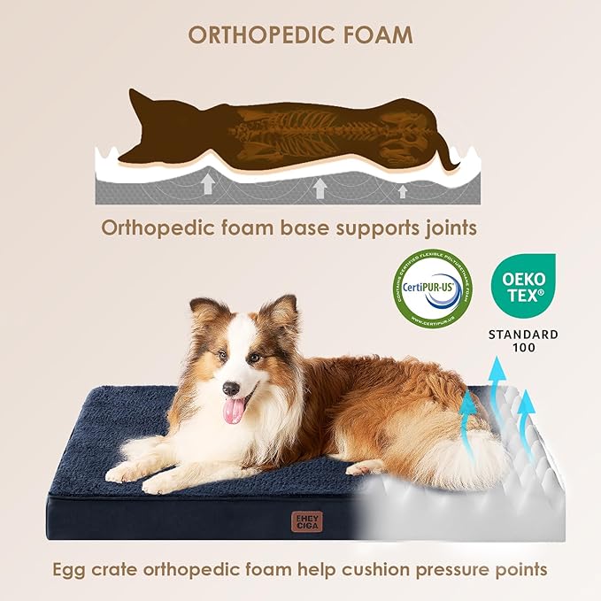 EHEYCIGA Orthopedic Dog Bed Large with Removable Washable Cover, 44IN Navy | Egg Crate Foam Support, Durable Oxford fabric, Non-Slip Bottom, Machine Washable, Soft Waterproof Plush Pet Bed Mat For Crate