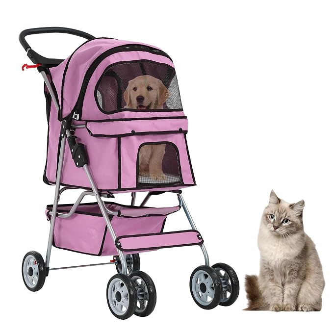 Pet Stroller for Small Medium Dogs & Cats, 4-Wheel Breathable Compact Foldable Dog Carrier with Storage Basket, Outdoor Portable Lightweight Travel Stroller for Camping,Pink