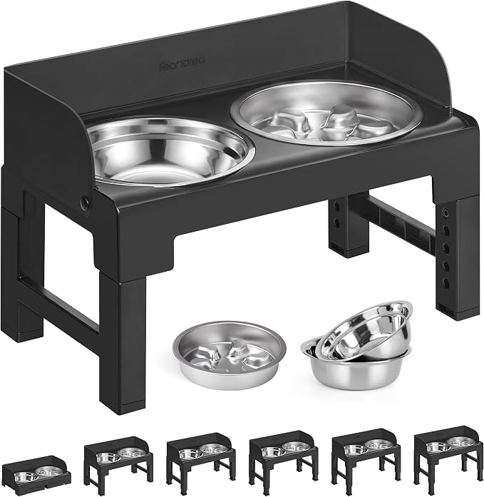 Feandrea Dog Bowls Elevated, Adjustable Height, Tilted Design | Raised Stand, 1 Slow Feeder, Two 304 Stainless Steel Bowls, Ink Black, BOXAL Collection UPRB104B101