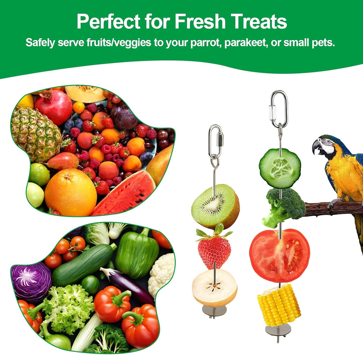 3 Pcs Bird Cage Food Holder Stainless Steel Parrot Fruit & Vegetable Skewer Hanging Foraging Toy for Parakeets, Budgies, Macaws