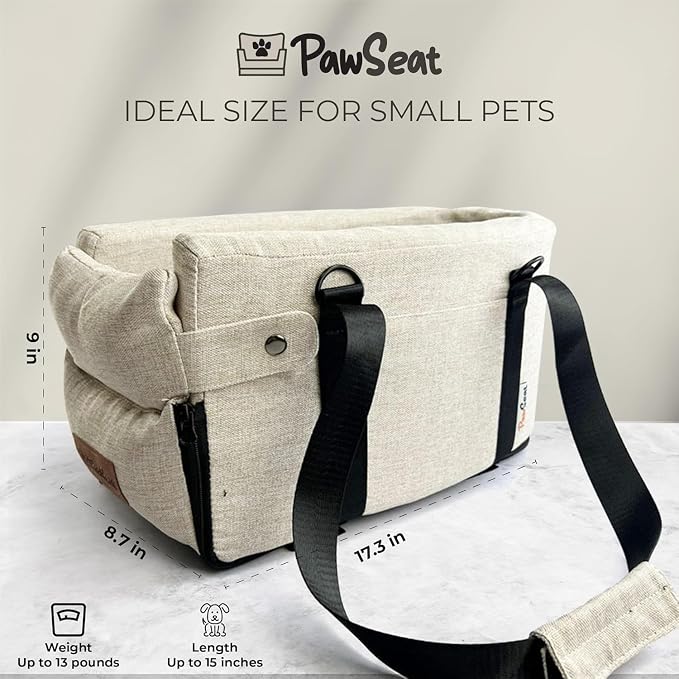 Center Console Dog Car Seat for Small Dogs and Puppies 5-13Lbs, Ideal Armrest Booster Car Travel Seat with Safety Protection Seat Belts, Storage Pockets - Reduces Anxiety (Woven - Beige)