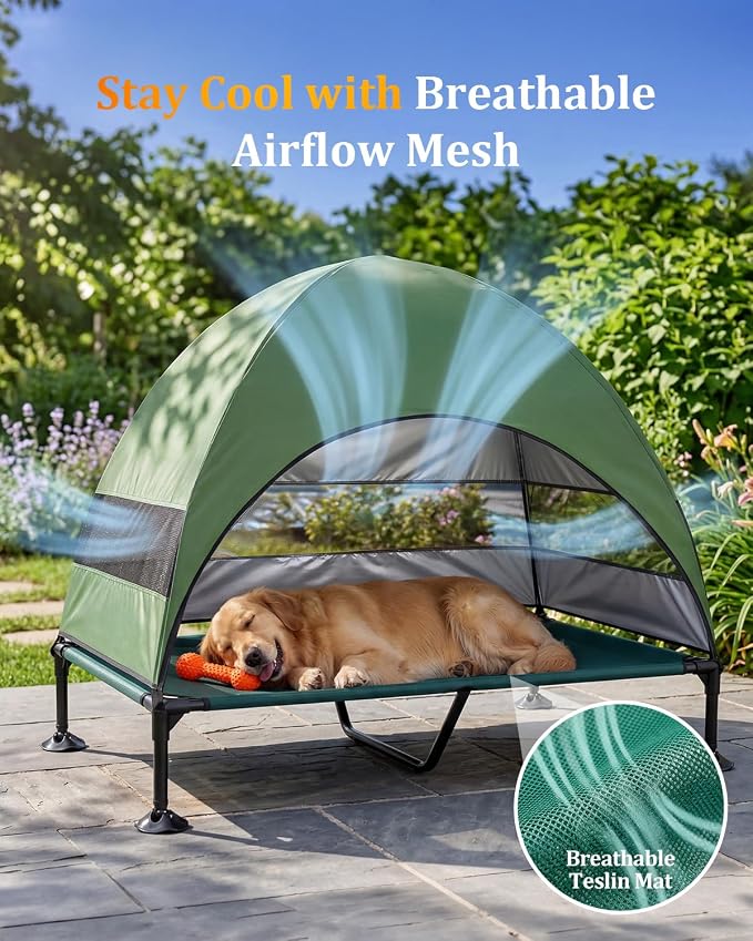 Elevated Outdoor Dog Bed with Canopy, Raised Dog Cot with Stable Adjustable Feet, Dog Camping Bed with Larger Shade, Lifted Dog Tent Bed with Canopy for Outside (Green, X-Large)