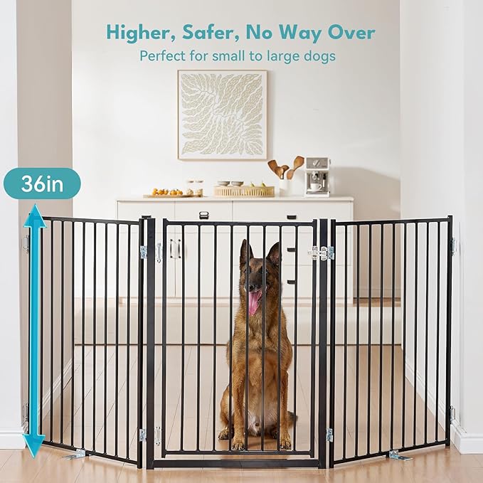 No Pawblems Free Standing Dog Gate, 36'' Tall Foldable Dog Fence for Indoor & Outdoor, Up to 52 Inch Extra Wide Puppy Gate for Stairs, Hallways, Doorways, Deck, Yard (Black, 2 Panels)