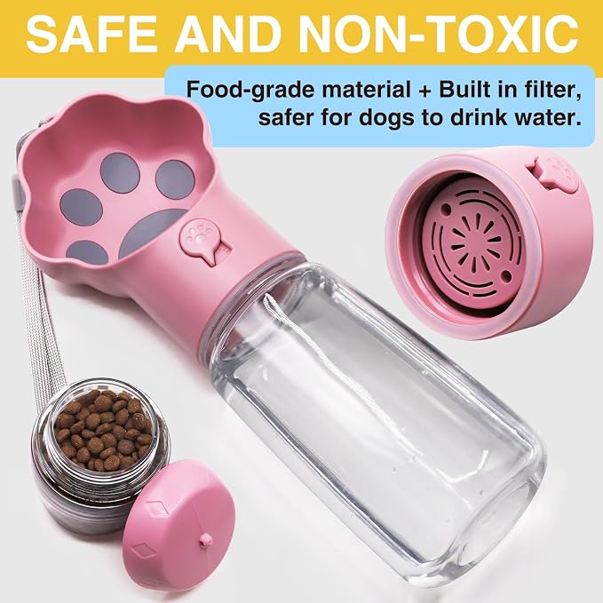 Dog Water Bottle with Food Container, Portable Pet Dispenser, Leak Proof, Hiking, Puppy Travel, Outdoor Activities(18.6 fl.oz/550ml, Pink)