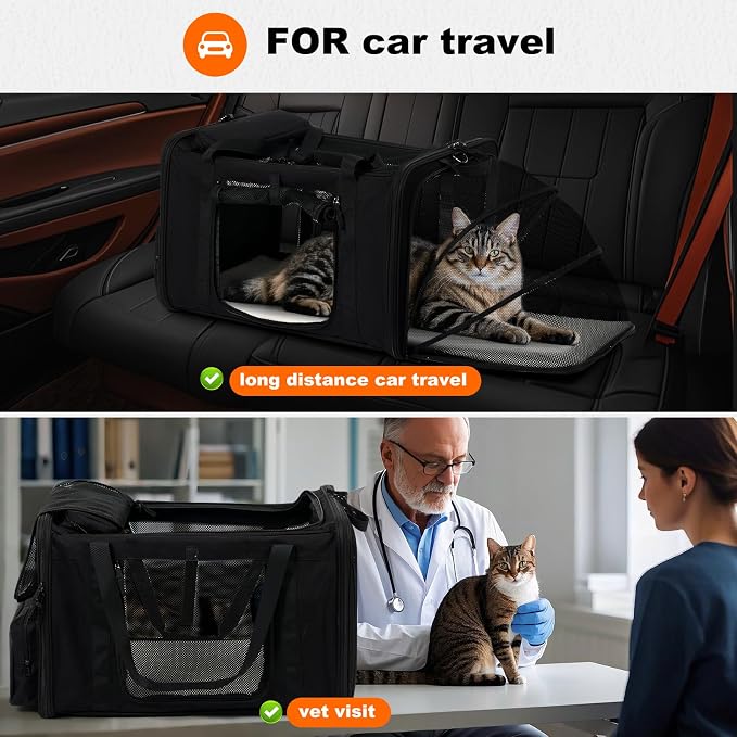 pidipiti 25''(L) x 17''(W) x 17''(H) Extra-Large Expandable cat Carrier for Long Distance car Travel,for 1 Extra-Large cat / 2 Large Cats / 3 Small-Medium Cats up to 35 lbs(Black)