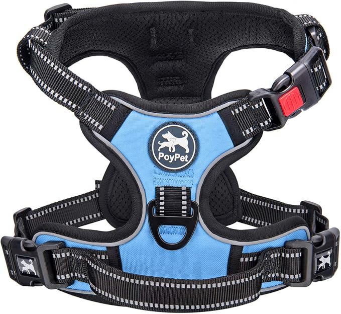 PoyPet No Pull Dog Harness Large with Front Clip & Neck Release Buckle | No Choke, Adjustable Vest, Reflective, Back Clip, Lockable, Soft Padded Handle for Walking Training, XL, Light Blue