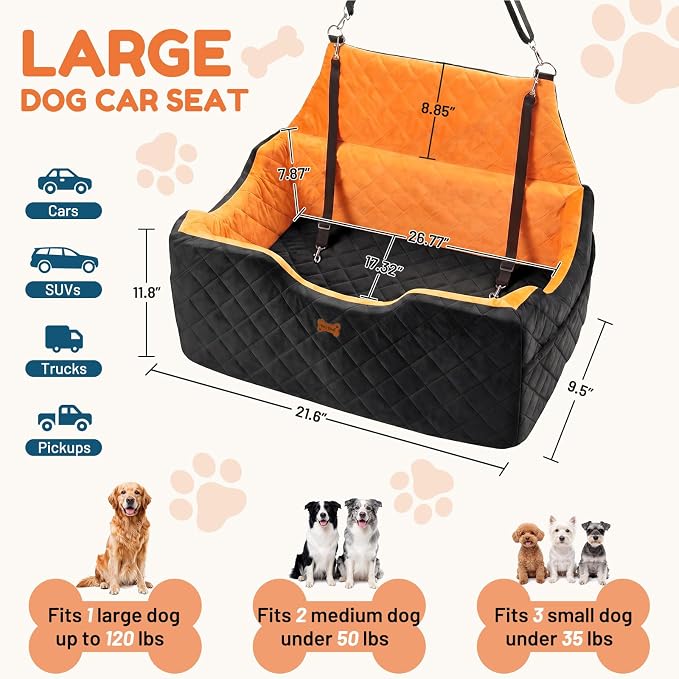Dog Car Seat for Large Medium Dogs up to 55 lbs, Memory Foam Dog Booster Seat with Storage Pocket, 2 Safety Leashes,Washable Cover, Portable Anxiety Pet Travel Bed, Black