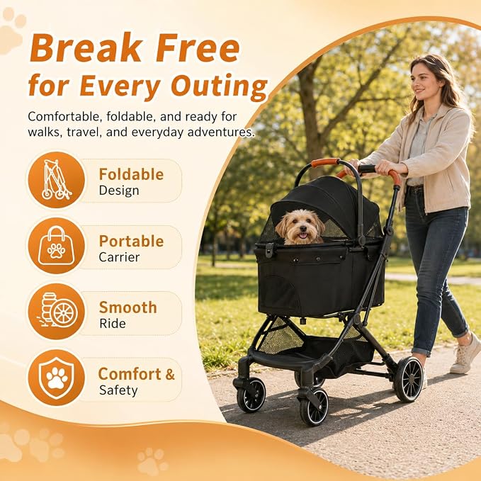 Pet Stroller for Small Dogs and Cats, Detachable Dog Cat Stroller with All-Terrain Shock Absorbing Wheels, One-Click Foldable Design, Adjustable Canopy (Khaki)