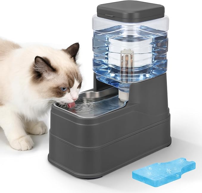 Automatic Cat Water Dispenser Gravity Stainless Steel Water Feeder Dog Waterer Feeder with Wide Mouth Bowl for Small Medium Dog Puppy Kitten (Filter &Ice Pack Included) 1Gallon Gray