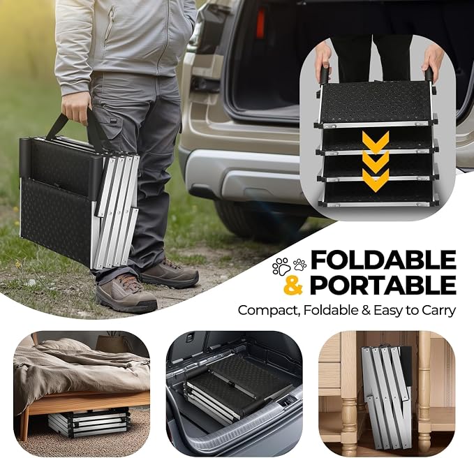 Auto Dynasty Dog Stairs for Car - 4 Steps Wide 31.4in High 25in Foldable Dog Ramp for Car Non-Slip Surface Support up to 150lbs - Suitable for SUV,Truck, Sofas, Bed/Couch