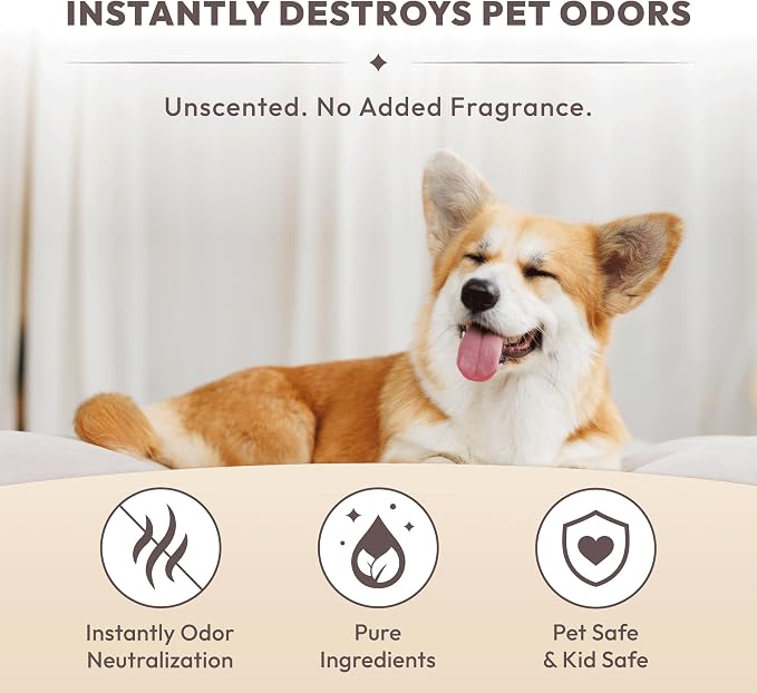Pet Safe Odor Eliminator for Home - Multi-Purpose Deodorizer Spray for Cat Litter Box, Dog Poop, Urine Smells, Carpet, Car, Room | Unscented, Non-Toxic, Fragrance-Free, Lab-tested (10.1 Oz)