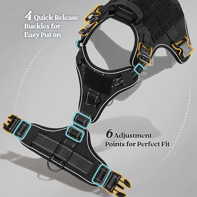 rabbitgoo Tactical Dog Harness for Small, Heavy Duty Military No Pull Vest | Sturdy Metal Buckles, 5 Adjustments, Molle System, Powerful Pullers for Training, Hunting, Outdoor, Black Reflex, Small