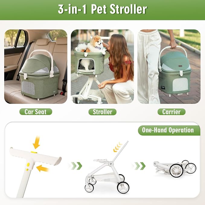TT Pet Stroller for Small Dogs & Cats (Green) | Detachable Carrier, Aluminum Alloy Frame, Adjustable Handle, Easy Assembly, One-Touch Braking, Larger Rear Wheels