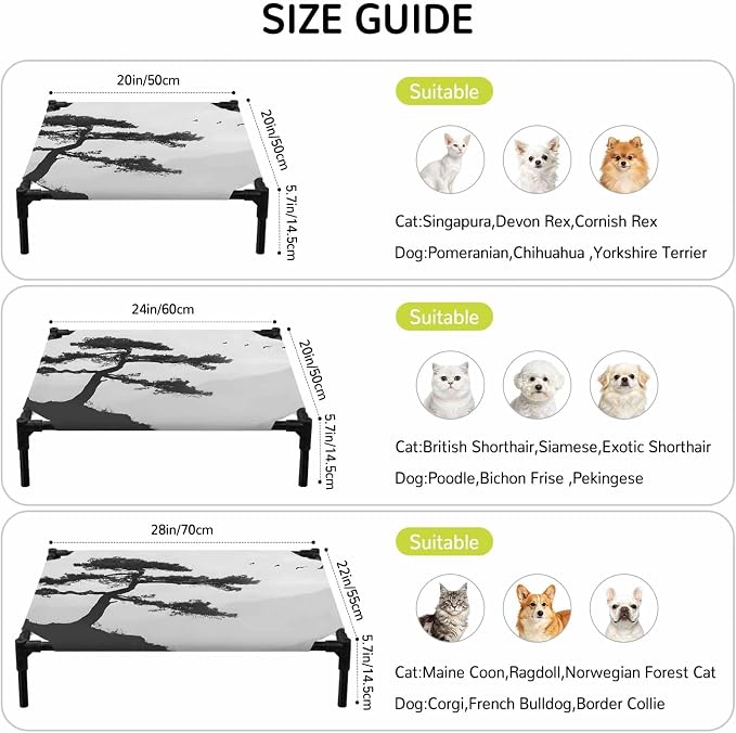 Outdoor Elevated Dog Bed for Small Dogs, Pine Trees Breathable Cooling Raised Dog Cot for Indoor/Outdoor, Modern Nature Foreset Mountains Birds Waterproof Elevated Pet Beds, S 20 x 20 in