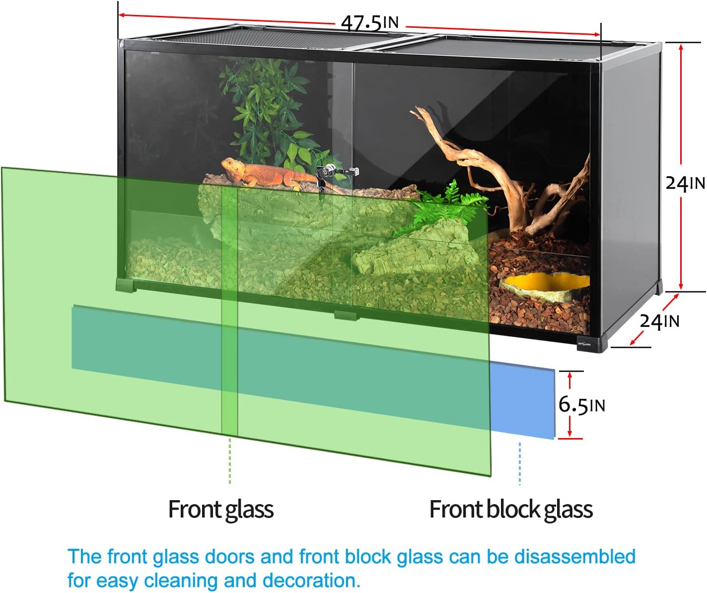 REPTIZOO Large 120 Gallon Reptile Terrarium, Reptile Tank 48" x 24" x 24" Black-Tinted Eco-Terrarium