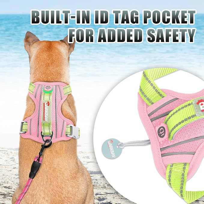BARKBAY No Pull Dog Harness Large Reflective Dog Harness with Front Clip and Easy Control Handle for Walking Training Running with ID tag Pocket(Baby Pink & Sunlight,L)