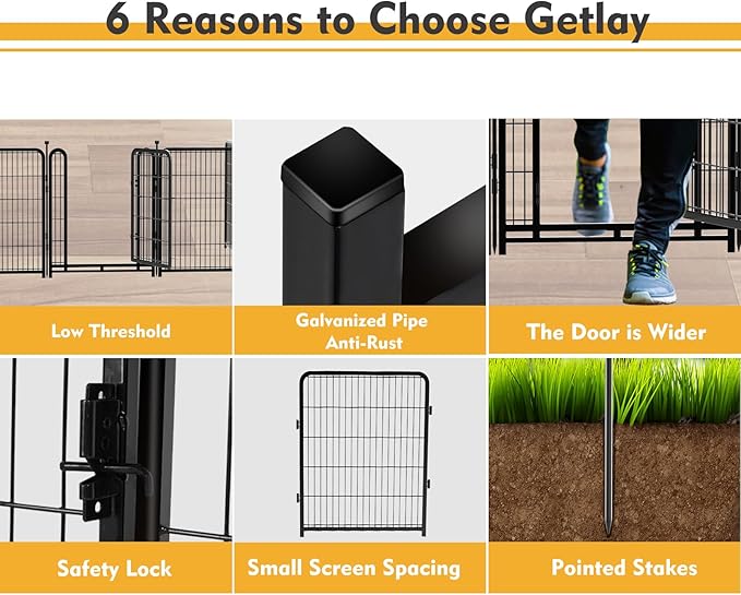 Getlay Dog Fence Outdoor 40inch 8 Panels with Door, Puppy Playpen Indoors, Metal Dog Pen Heavy Duty Pet Puppy Exercise Pen for Rv Camping Garden Yard, Wide Door Low Threshold Total 31 Ft Long