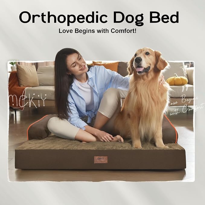 Orthopedic Waterproof Dog Bed with Bolster for Extra Large Size Dogs | Pillow Support for Neck Relief, Egg Crate Foam, Waterproof Liner, Anti-Slip Bottom, Removable Bolster Cover, 48 x 33 Inch