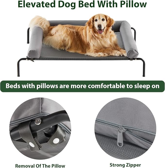 Cooling Elevated Dog Bed for Large Dogs – Waterproof Raised Dog Cot with Slope Headrest, Breathable Teslin Mesh, Durable & Portable Pet Bed for Indoor and Outdoor Use, Grey