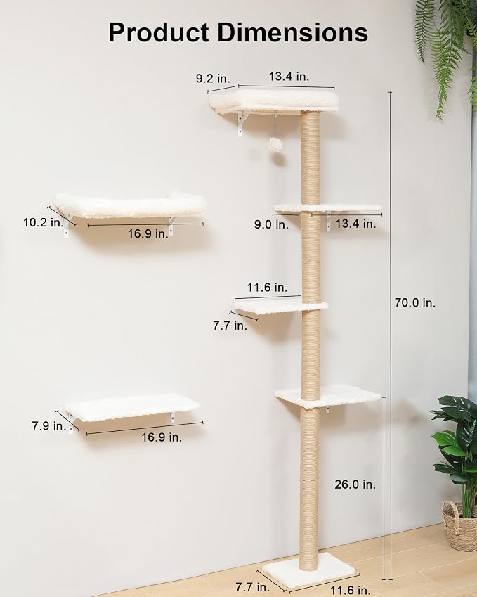 FUKUMARU Cat Wall Shelves, Stable & Safe 7 in 1 Cat Furniture Set, Wooden Climbing Wall with Scratching Post for 16 Inch Drywall - Beige