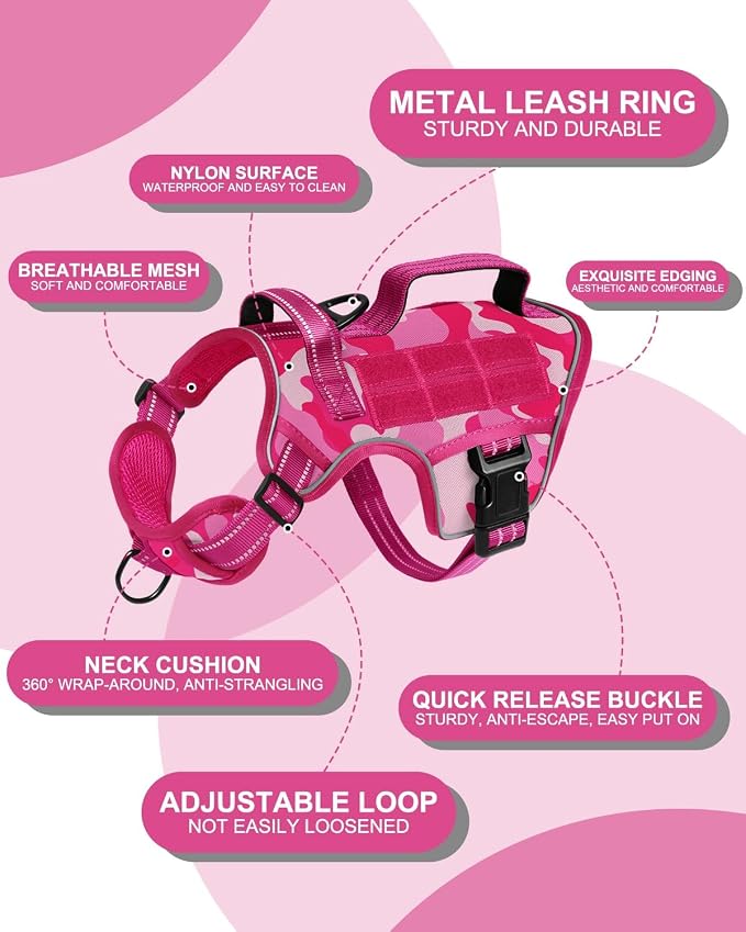 Dog Harness, Tactical No Pull for Small Sized Dog with Handle | Breathable Soft Padded, Adjustable, Reflective, Molle System, Heavy Duty, No Choke for Walking Training, Pink Camo Small