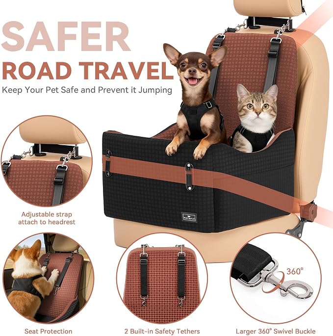 PETSFIT Dog Booster Car Seat with Patented Safety System, 5" Elevated Pad | Fully Detachable Washable Cover, Memory Foam Pet Car Seat for Small/Medium Dogs Up to 35 Lbs with Safety Belt
