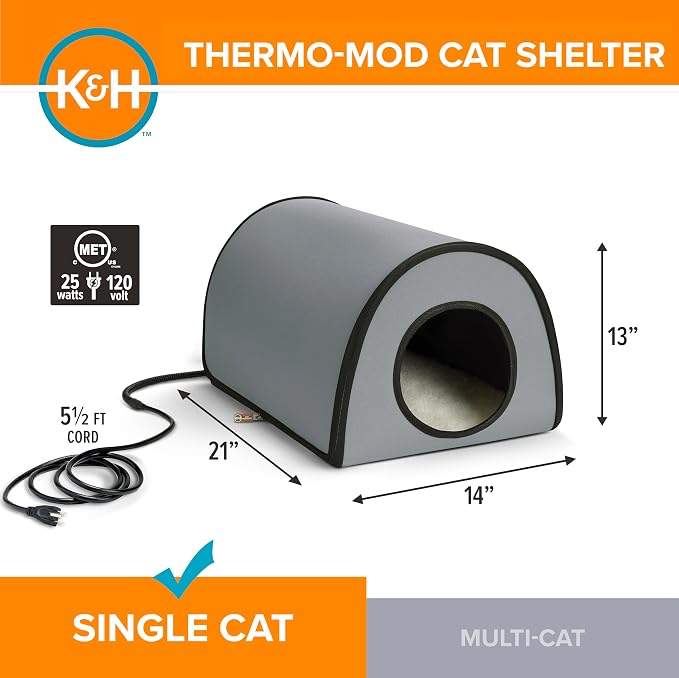 K&H Heated Cat House, Thermo Mod Kitty Shelter Outdoor, Safety Listed, 25W | Heated Cat House for Outside, Weatherproof Shelter for Ferals, Insulated with Smart Thermostat, Washable Cover, Gray