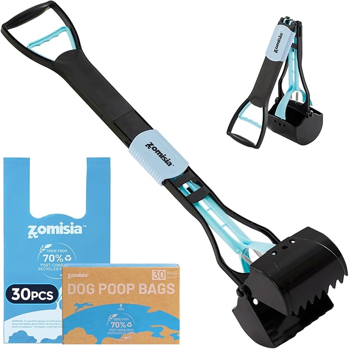 ZOMISIA 32" Pooper Scooper with Waste Bags - Poop Scooper for Large Dogs with Long Handle High Strength Material and Durable Spring for Yard, 30 Count Poop Bags