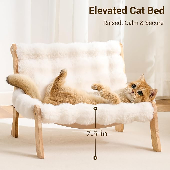 Solid Wood Cat Couch Bed for Indoor Cats, Modern Cat Sofa with Ultra-Soft Plush Surface Washable, Reclined Backrest, Elevated Elevated Cat Lounge Furniture for Small to Adult Pets, Ivory White