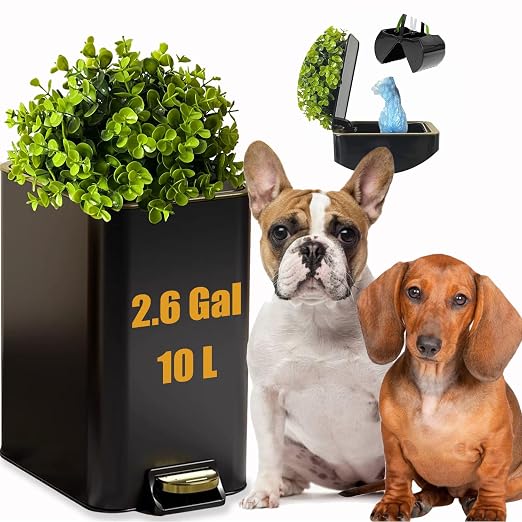 Small Metal Trash Can with Lid - Dog Poop Trash Can Outside with Pedal | 10 Liters Pet Waste Container Outdoor - Plant-Styled Poop Bucket - 2.6 Gal Stainless Steel Garbage Bin - Black and Gold