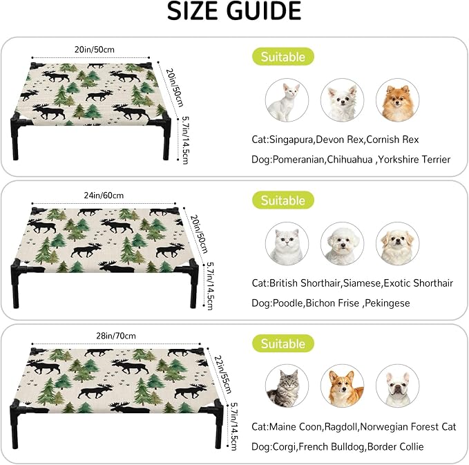 Outdoor Elevated Dog Bed for Medium Dogs, Black Green Moose Breathable Cooling Raised Dog Cot for Indoor/Outdoor, Modern Animals Trees Rustic Waterproof Elevated Pet Beds, M 24 x 20 in