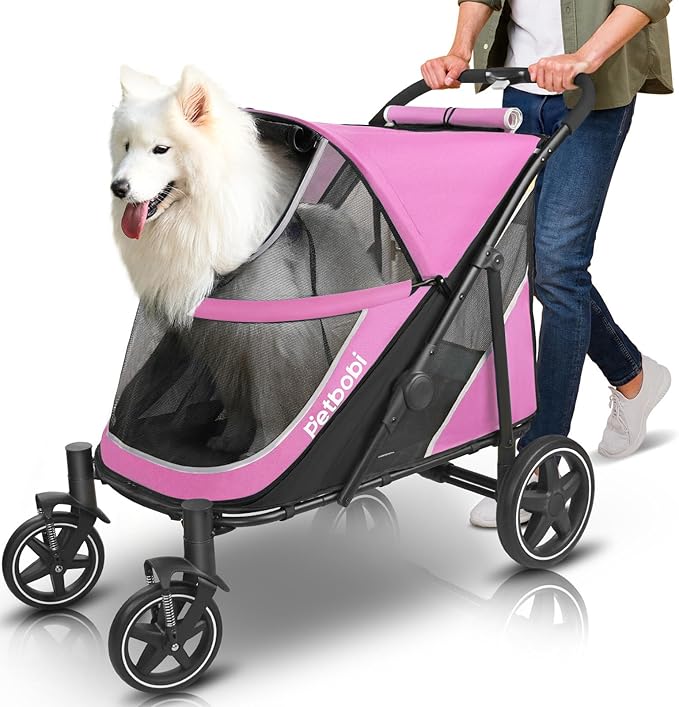 Petbobi Dog Stroller for Large & Medium Dogs - Easy Fold Dual Entry Pet Stroller with One-Foot Brake, All Terrain Wagon Cart with Air Mesh, Ideal for Large Senior Pets up to 80 lbs, Pink