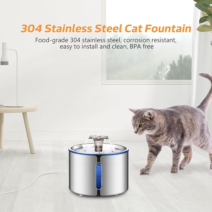 BOORCA Cat Water Fountain, 84oz/2.5L Stainless Steel Pet Water Fountain for Cats, Dogs and Multiple Pets, Automatic Dog Water Dispenser with Water Level Window, Ultra-Quiet Pump