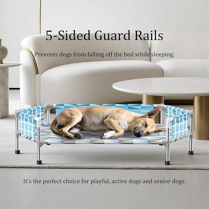 Elevated Dog Bed with Guardrails, Raised Cooling Outdoor Pet Cot Medium | Outdoor Dog Bed with 5-Sided Fence for Training Rest, Portable Hexagon Dog Hammock with Metal Frame, Dog Couch Off the Ground
