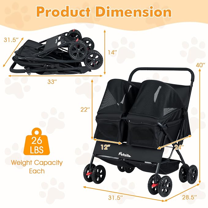 PETSITE Double Pet Stroller, Foldable Double Dog Stroller with 2-Seater Carrier, Adjustable Sunshade, Removable Pad, Safety Belt, Storage Basket, 4-Wheel Pet Travel Cart for 2 Puppies & Cats (Black)