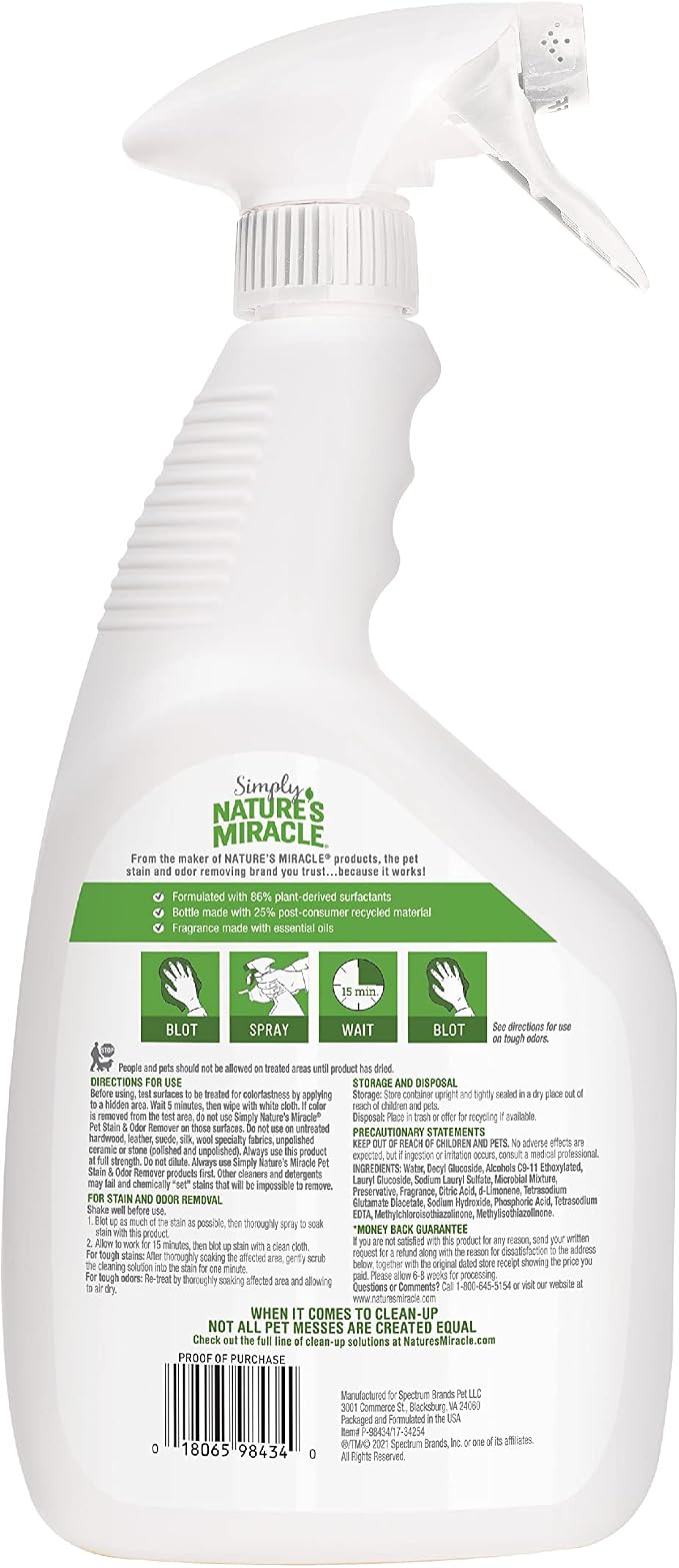 Nature's Miracle Simply Pet Stain and Odor Remover, 32 Ounce, Made with 86% Plant-Derived Surfactants
