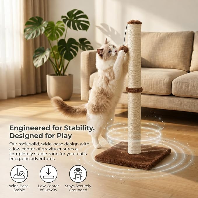 Dimaka 34" Height Tall Cat Scratching Post, Claw Scratcher with Sisal Rope and Covered with Soft Smooth Plush, Vertical Scratch [Full Strectch] for All Cats (Dark Brown, 34 inches for Large Cats)