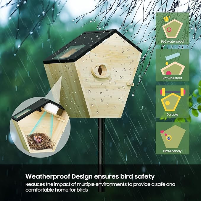 Bird House with Camera, 5MP Smart Birdhouse Camera for Outside with Solar Powered, IP66 Waterproof, Night Vision, Motion Detection & 32GB SD Card, Watch Bird Nesting & Hatching in Real Time