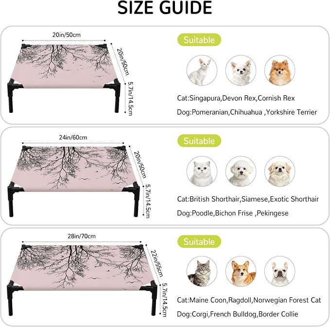 Outdoor Elevated Dog Bed for Medium Dogs, Pink Black Branches Breathable Cooling Raised Dog Cot for Indoor/Outdoor, Botanical Dead Tree Birds Waterproof Elevated Pet Beds, M 24 x 20 in