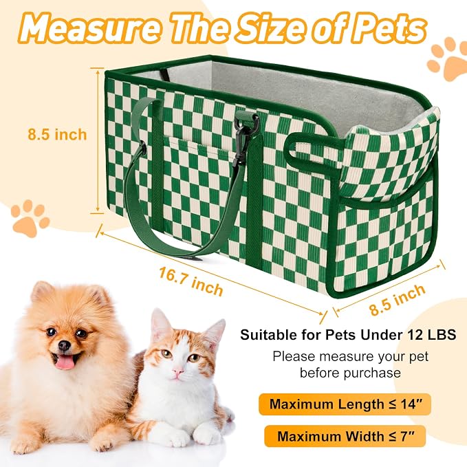 Console Dog Car Seat for Small Dogs, Foldable Booster Seat, Green Checkered | Portable Booster Seat Sits On Car Console/ Armrest. Foldable for Easy Storage. for Center Console, Easy To Clean.