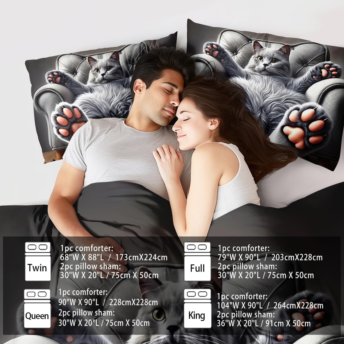 Cute Cat Comforter Set Full,Grey Kawaii Cat Bedding Set Adult,Cute Animal Comforter for Boy,American Shorthair Bedding Grey,Kawaii Animal Print Quilt Bedroom Decor Kids