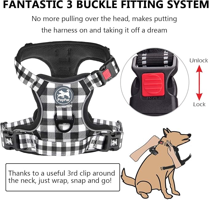 PoyPet Plaid Dog Harness Large, No Pull Vest with Front Clip & Neck Buckle | Padded Handle, Reflective, No Choke, Lockable, 2 Leash Rings, Full Adjustable, for Training Walking, L, Grid