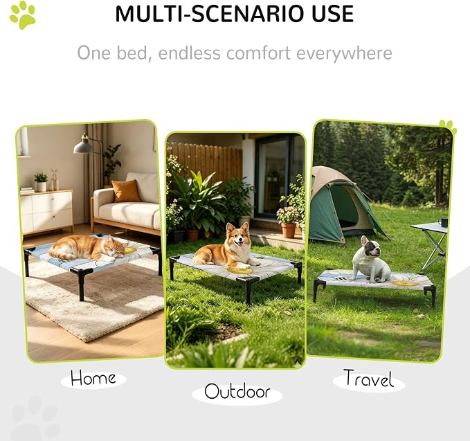 Outdoor Elevated Dog Bed for Large Dogs, White Daisy Rustic Breathable Cooling Raised Dog Cot for Indoor/Outdoor, Pastoral Flowers Honeybees Blue Wood Waterproof Elevated Pet Beds, L 28 x 22 in