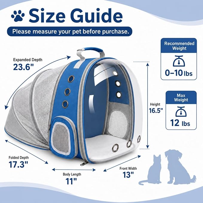 Expandable Cat Carrier Backpack for Cats & Dogs, Bubble Window Pet Travel Backpack with Breathable Mesh, Anti-Collapse Structure, Side Door, Safety Leash, for Vet Visits, Hiking, Outdoor, Blue