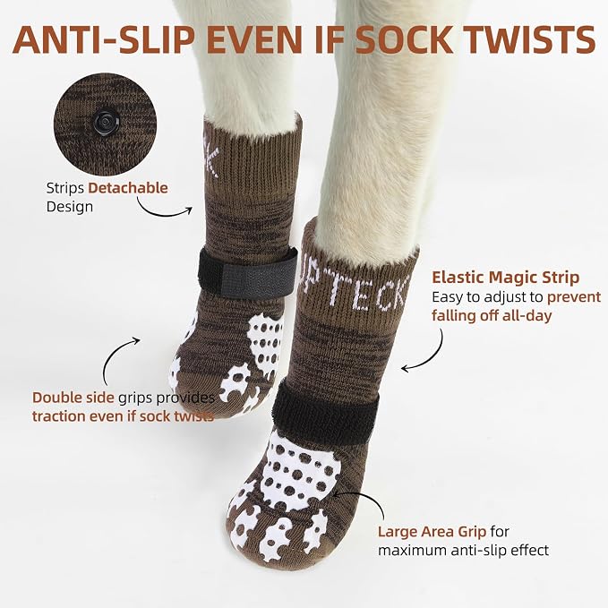 PUPTECK Anti-Slip Dog Socks with Double Sides Grips for Small Medium Large Dogs Hardwood Floors Prevents Licking, Dog Shoes for Hot Pavement Traction Control for Senior Dogs, Coffee Brown XL