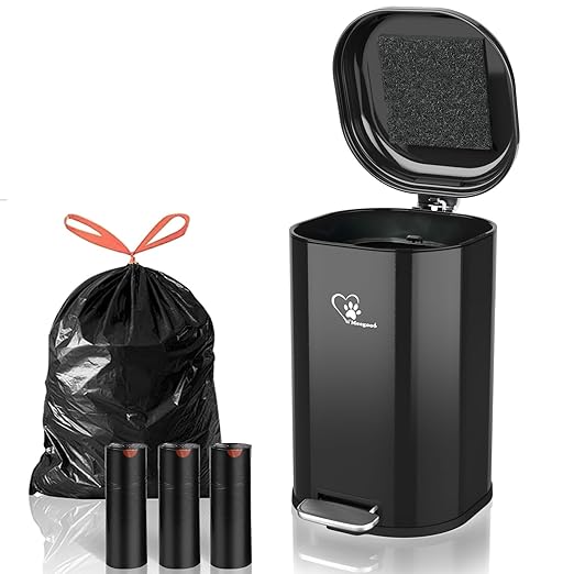 Dog Poop Trash Can Outsides, 18L/4.76 Gal Portable Waste Bin with Lid and Removable Inner Odor Control for Indoor Outdoor Dog Waste Station for Bathroom &Kitchen -45 Waste Bags (Black-01)