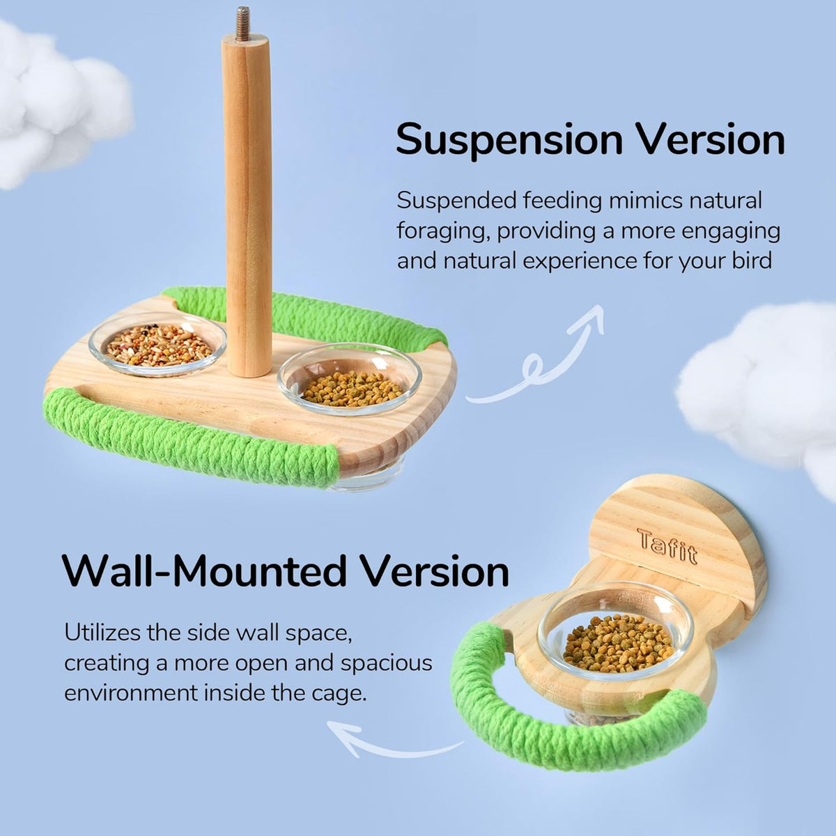 Bird Feeder & Perch – Includes Cotton Rope Perch and Glass Feeding Cup – Cage Accessory for Cockatiels, Budgies, Lovebirds, Conures, Canaries, Finches, and Small Parrots